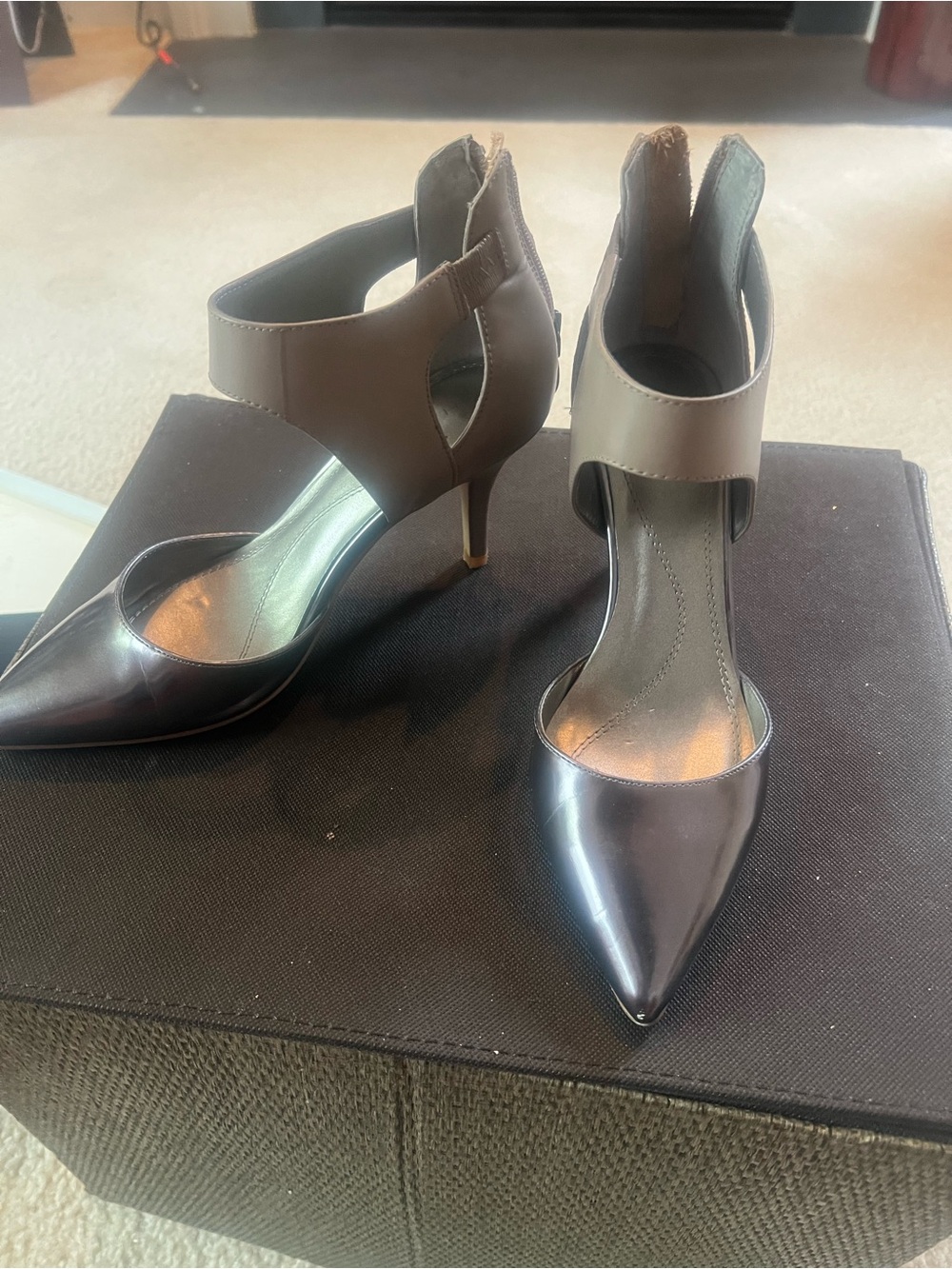 TAHARI Pointed-Toe Ankle Strap Pumps in pewter and Taupe